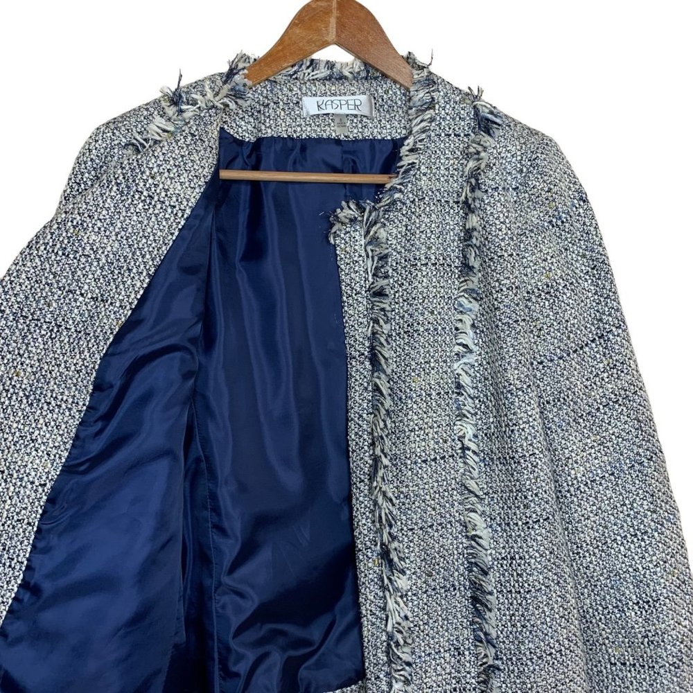 Kasper Flyaway Novelty Blazer Tweed Fringe Jacket Open Front Blue White Gold 8 - Picture 7 of 11